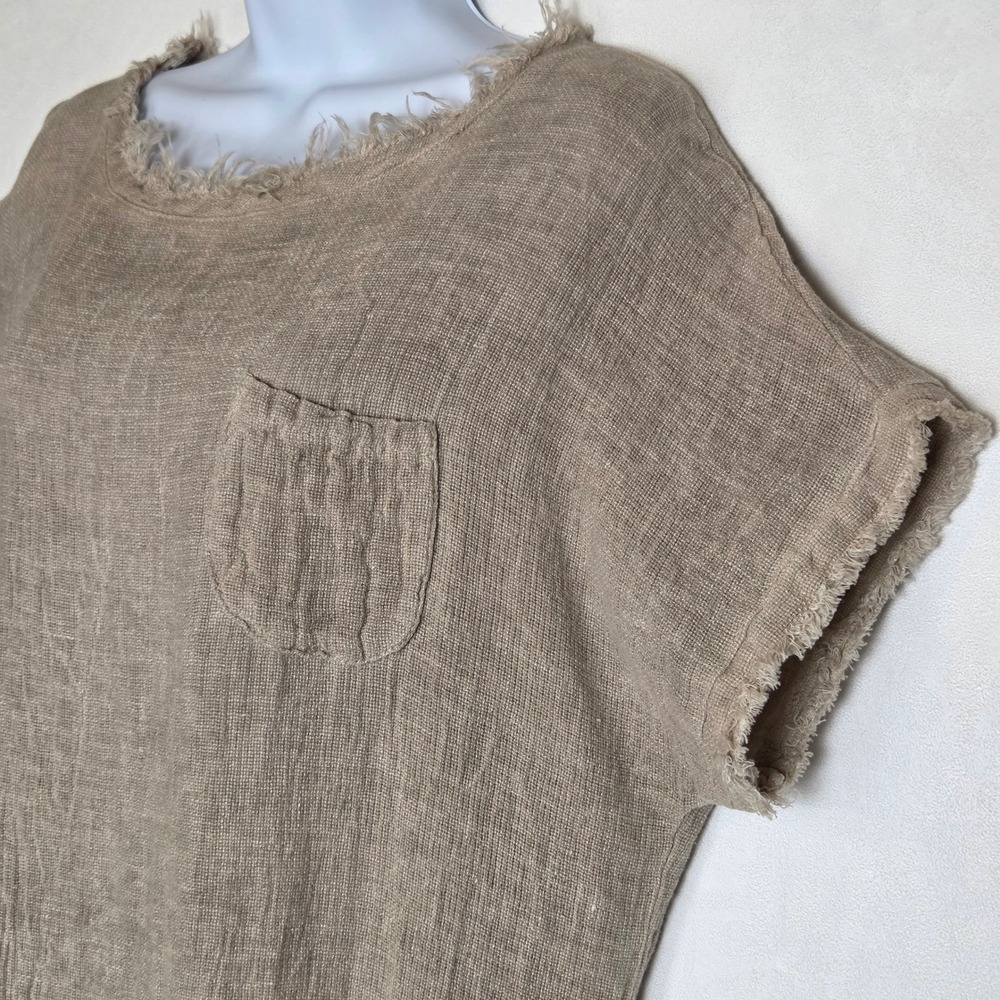 Made in Italy Linen Blend Raw Edge Fringe Boxy Top Khaki Lagenlook Coastal Beach